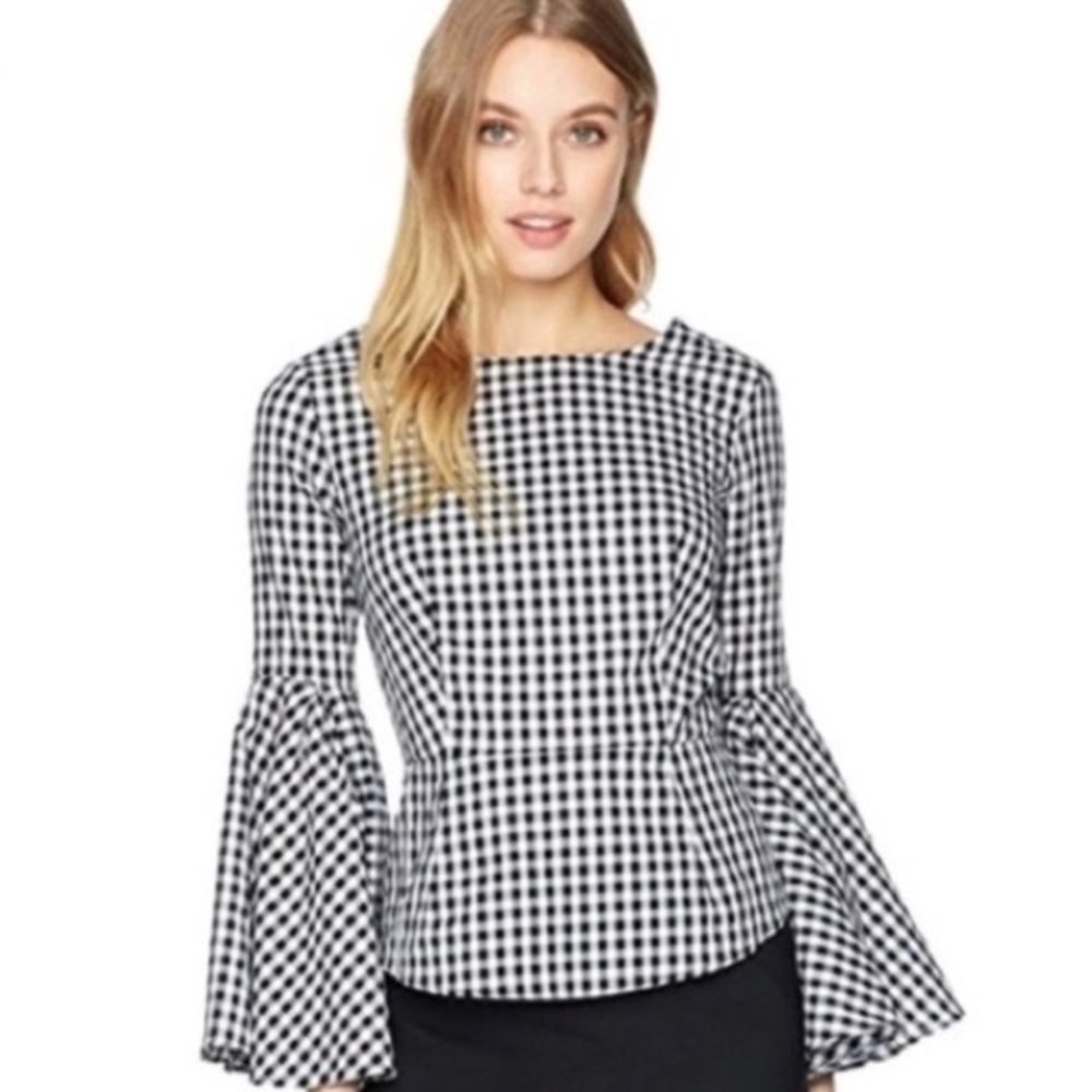Bell sleeve gingham tie back blouse